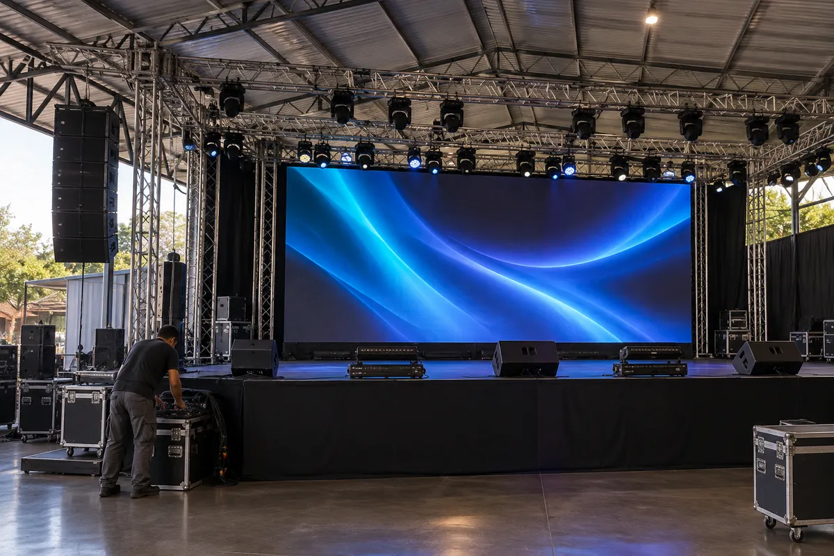 Palco com estrutura de treliça de alumínio e painel de LED em montagem
